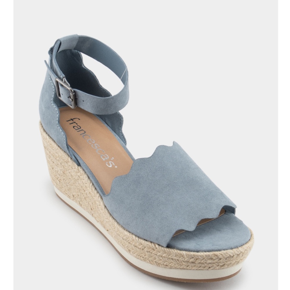 NEW Francesca’s Blue Addilyn Espadrille Wedge Sandals Scallop Edge Size 9M